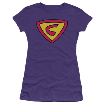 Purple juniors t-shirt with Cow and Chicken Super Cow Logo graphic