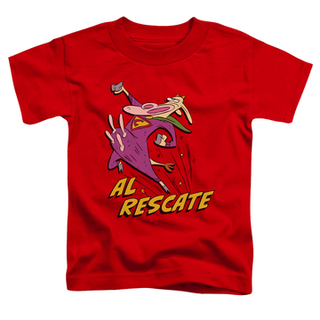 Red kid's t-shirt for ages 4 to 7 with Cow and Chicken Al Rescate graphic