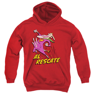 Red youth hoodie for ages 8 to 12 with Cow and Chicken Al Rescate graphic