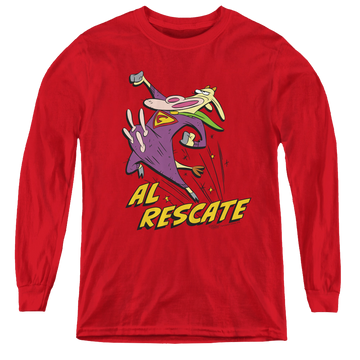 Red youth long sleeve t-shirt with Cow and Chicken Al Rescate graphic