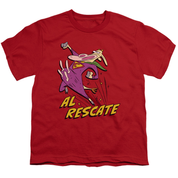 Red youth t-shirt for ages 8 to 12 with Cow and Chicken Al Rescate graphic