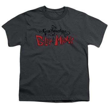 Charcoal youth t-shirt for ages 8 to 12 with The Grim Adventures of Billy & Mandy Grim Logo graphic