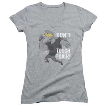 Athletic heather juniors v-neck t-shirt with Johnny Bravo Hair graphic