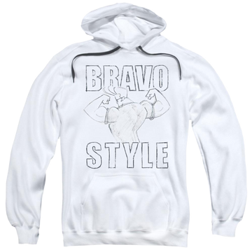 White pullover hoodie with Johnny Bravo Bravo Style graphic