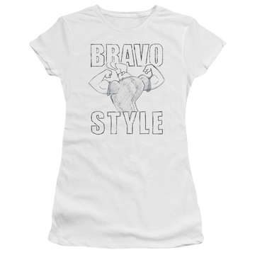 White juniors t-shirt with Johnny Bravo Bravo Style graphic