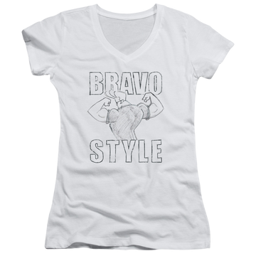 White juniors v-neck t-shirt with Johnny Bravo Bravo Style graphic