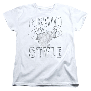 White women's t-shirt with Johnny Bravo Bravo Style graphic