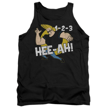 Black men's tank with Johnny Bravo 123 graphic