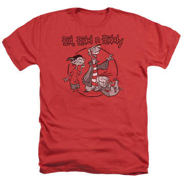 Red men's heather t-shirt with Ed, Edd n Eddy Gang graphic