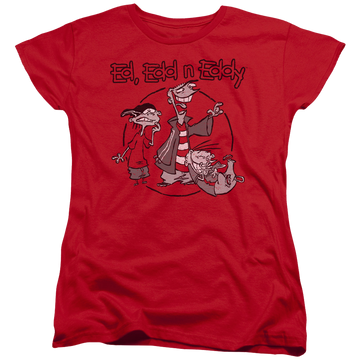 Red women's t-shirt with Ed, Edd n Eddy Gang graphic