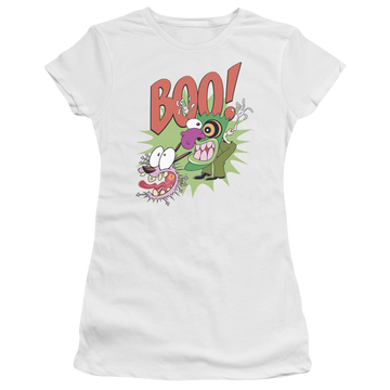 White juniors t-shirt with Courage the Cowardly Dog Stupid Dog graphic
