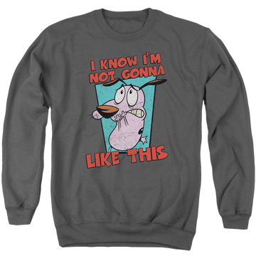 Charcoal men's crewneck sweatshirt with Courage the Cowardly Dog Not Gonna Like graphic
