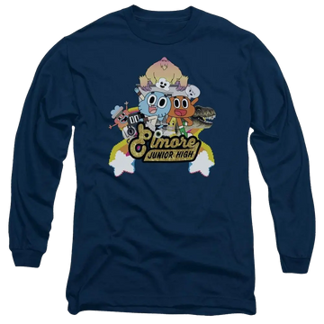 Navy men's long sleeve t-shirt with The Amazing World of Gumball Elmore Junior High graphic