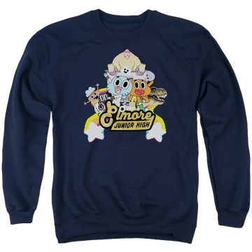 Navy men's crewneck sweatshirt with The Amazing World of Gumball Elmore Junior High graphic