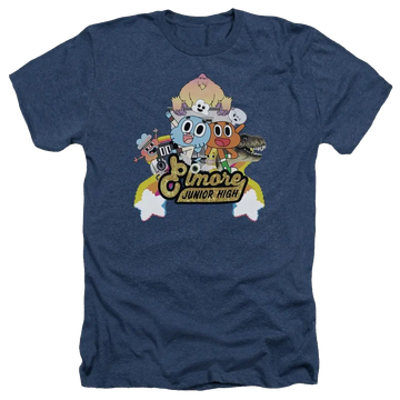 Navy men's heather t-shirt with The Amazing World of Gumball Elmore Junior High graphic