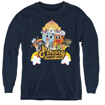 Navy youth long sleeve t-shirt with The Amazing World of Gumball Elmore Junior High graphic