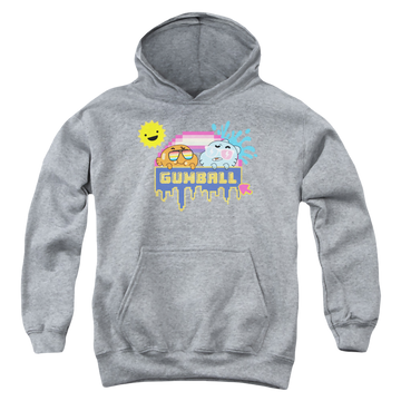 Athletic heather youth hoodie for ages 8 to 12 with The Amazing World of Gumball Sunshine graphic
