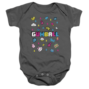 Charcoal baby bodysuit with The Amazing World of Gumball Fun Drops graphic