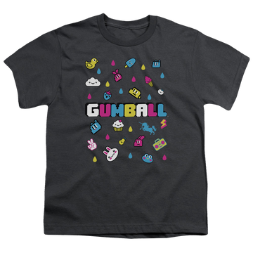 Charcoal youth t-shirt for ages 8 to 12 with The Amazing World of Gumball Fun Drops graphic
