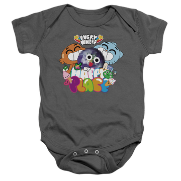 Charcoal baby bodysuit with The Amazing World of Gumball Happy Place graphic