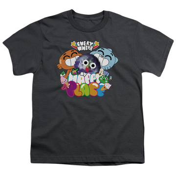 Charcoal youth t-shirt for ages 8 to 12 with The Amazing World of Gumball Happy Place graphic