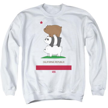 White men's crewneck sweatshirt with We Bare Bears Cali Stack graphic