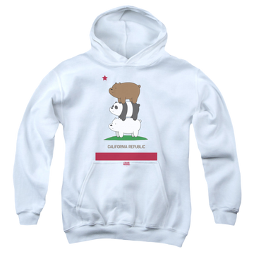 White youth hoodie for ages 8 to 12 with We Bare Bears Cali Stack graphic