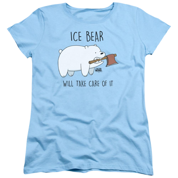 Light blue women's t-shirt with We Bare Bears Take Care Of It graphic