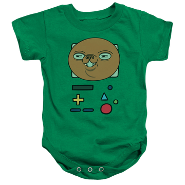 Kelly green baby bodysuit with Adventure Time Bmo Mask graphic