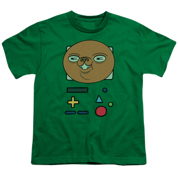 Kelly green youth t-shirt for ages 8 to 12 with Adventure Time Bmo Mask graphic
