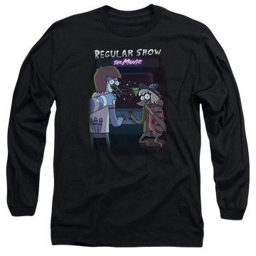Black men's long sleeve t-shirt with Regular Show Rs The Movie graphic