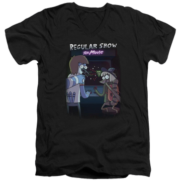 Black men's v-neck t-shirt with Regular Show Rs The Movie graphic