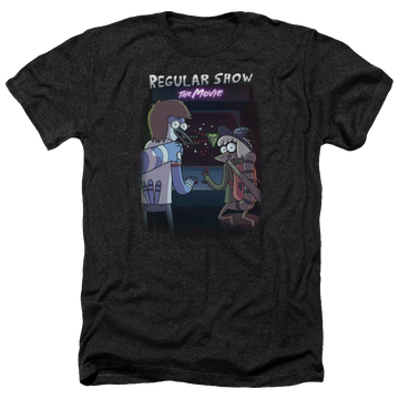 Black men's heather t-shirt with Regular Show Rs The Movie graphic