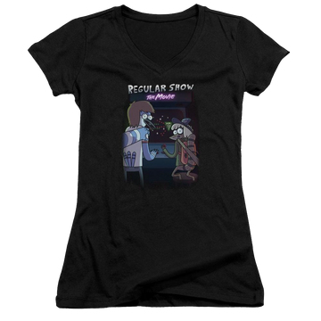 Black juniors v-neck t-shirt with Regular Show Rs The Movie graphic