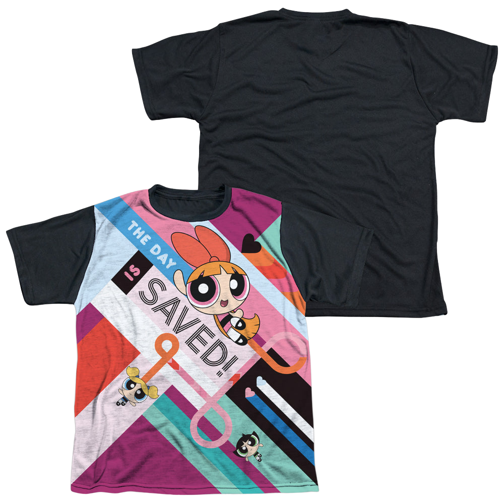 Powerpuff Girls The Day Is Saved - Youth Black Back T-Shirt Youth Black Back T-Shirt (Ages 8-12) Powerpuff Girls