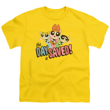 Yellow youth t-shirt for ages 8 to 12 with Powerpuff Girls The Day Is Saved graphic