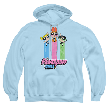 Light blue pullover hoodie with Powerpuff Girls The Girls Fly graphic