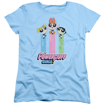 Light blue women's t-shirt with Powerpuff Girls The Girls Fly graphic
