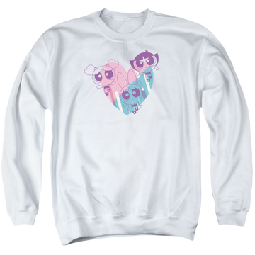White men's crewneck sweatshirt with Powerpuff Girls Powerpuff Heart graphic