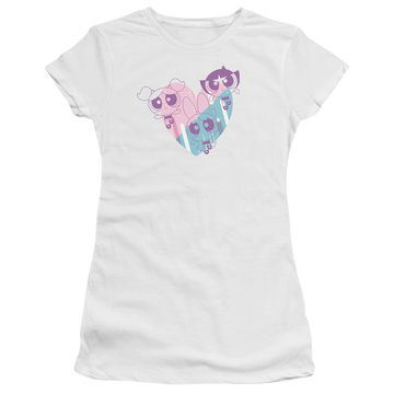 White juniors t-shirt with Powerpuff Girls Powerpuff Heart graphic