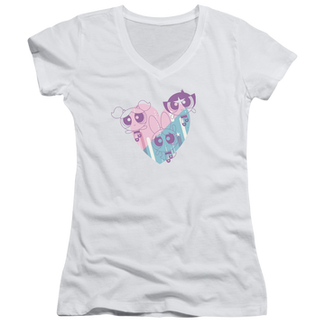 White juniors v-neck t-shirt with Powerpuff Girls Powerpuff Heart graphic