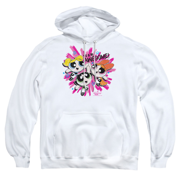 White pullover hoodie with Powerpuff Girls Team Awesome graphic