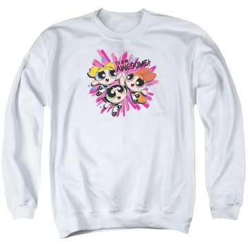 White men's crewneck sweatshirt with Powerpuff Girls Team Awesome graphic
