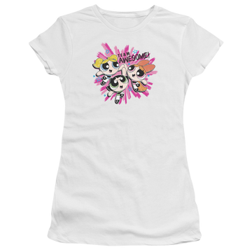 White juniors t-shirt with Powerpuff Girls Team Awesome graphic