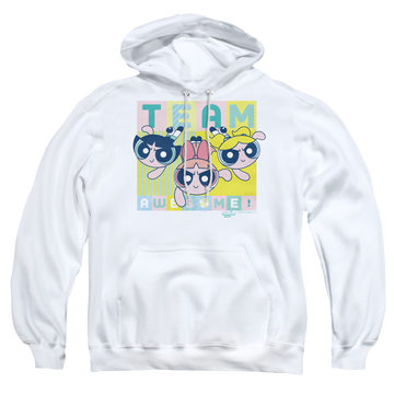 White pullover hoodie with Powerpuff Girls Awesome Block graphic