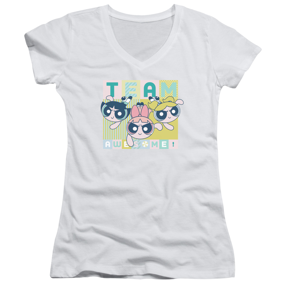 Powerpuff Girls Awesome Block Juniors V-Neck T-Shirt Juniors V-Neck T-Shirt Powerpuff Girls
