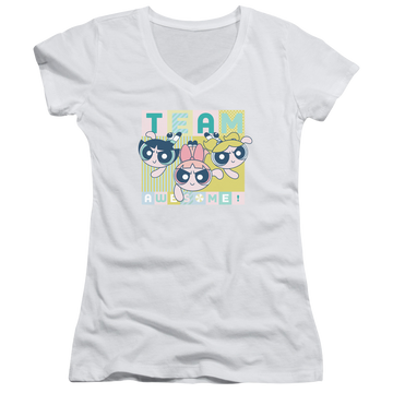 White juniors v-neck t-shirt with Powerpuff Girls Awesome Block graphic