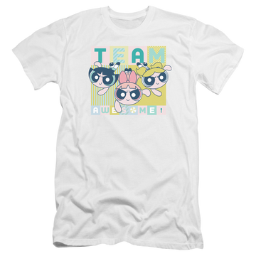 White men's premium slim fit t-shirt with Powerpuff Girls Awesome Block graphic
