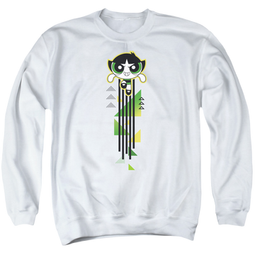 White men's crewneck sweatshirt with Powerpuff Girls Buttercup Streak graphic