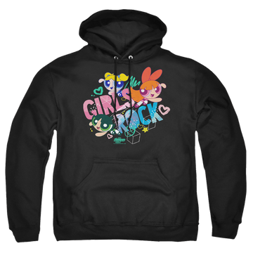 Black pullover hoodie with Powerpuff Girls Girls Rock graphic